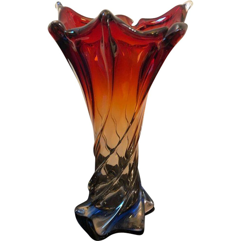 Vase vintage italien rouge et bleu en verre de Murano