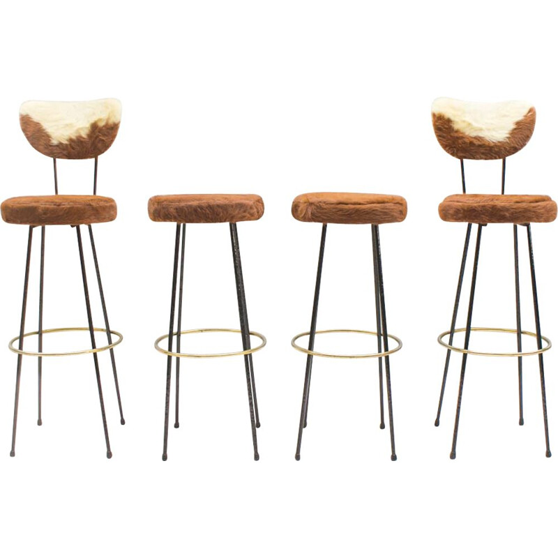 Set of 4 vintage bar stools in longhair cowhide