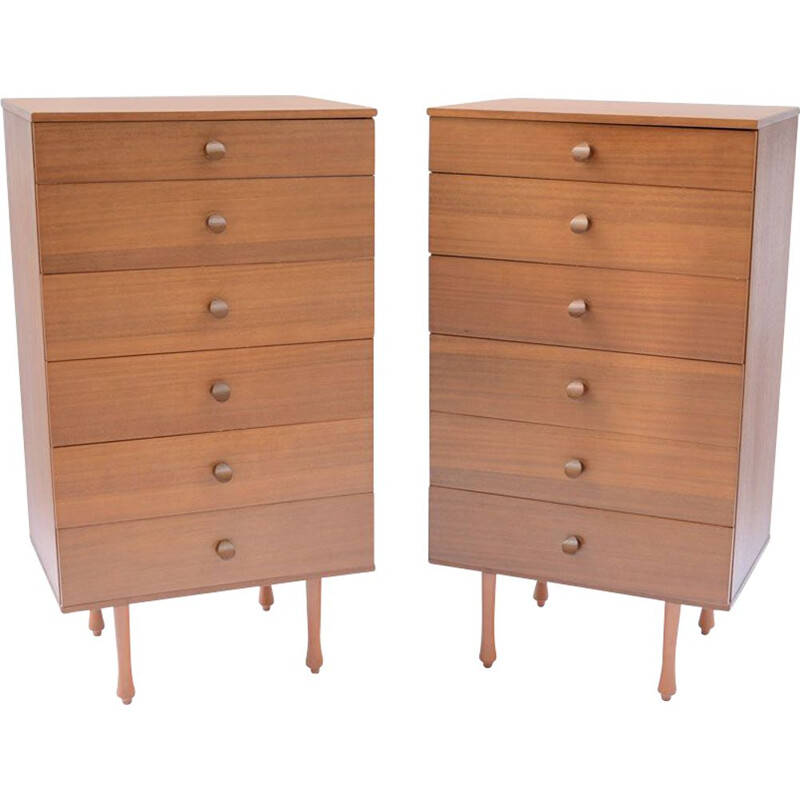 Set of 2 vintage high Scandinavian chests of drawers in teak