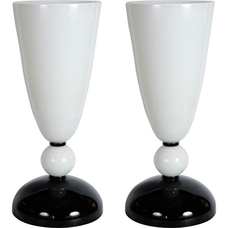 Paire de lampes vintage en verre de Murano noir et blanc
