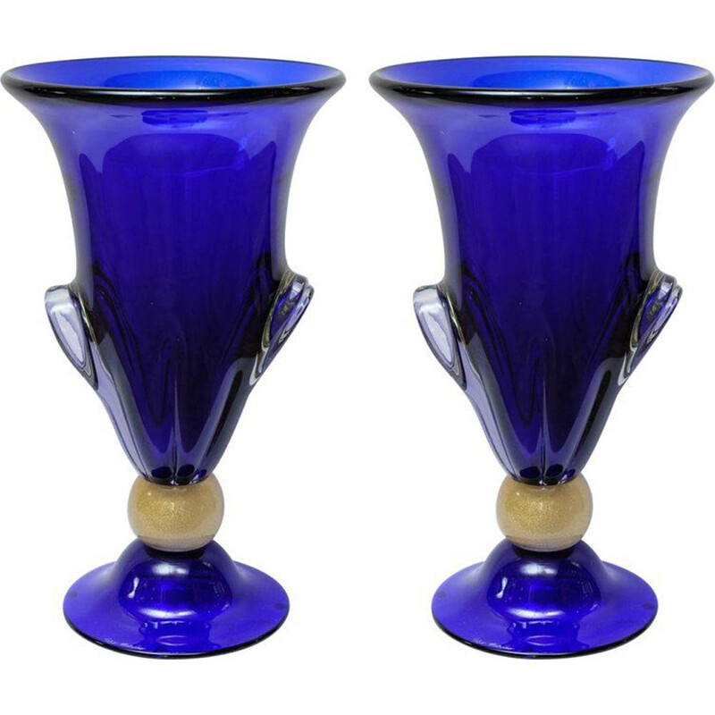 Set of 2 vintage blue vases in Murano glass