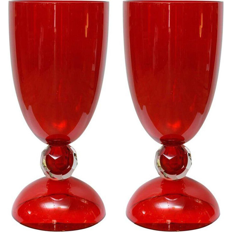 Set of 2 vintage red vases in Murano glass