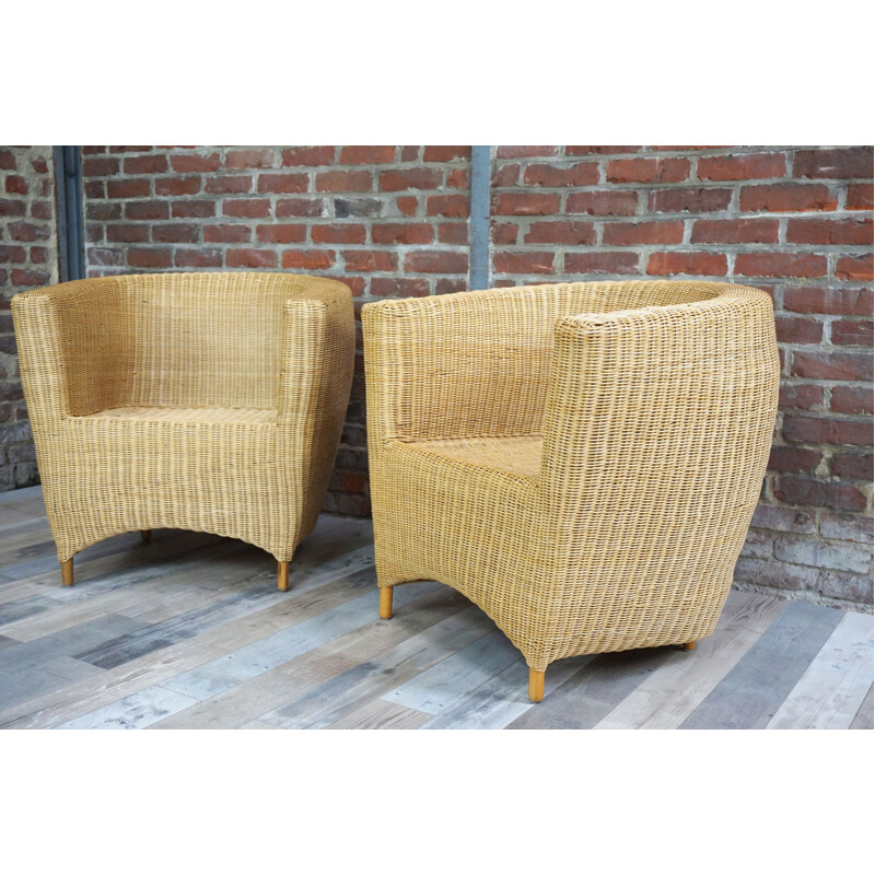 Set of 2 vintage club armchairs in rattan