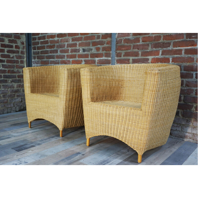 Set of 2 vintage club armchairs in rattan