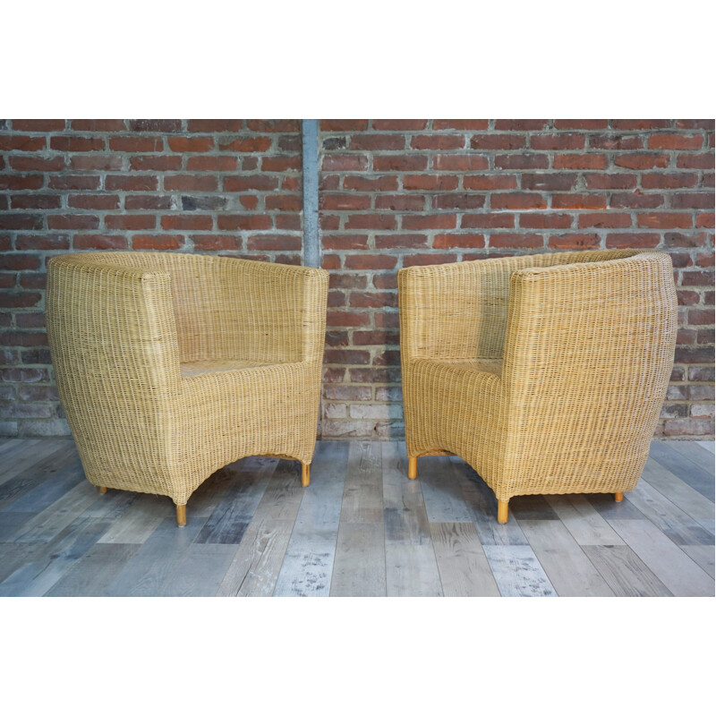 Set of 2 vintage club armchairs in rattan