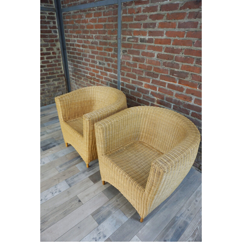 Set of 2 vintage club armchairs in rattan