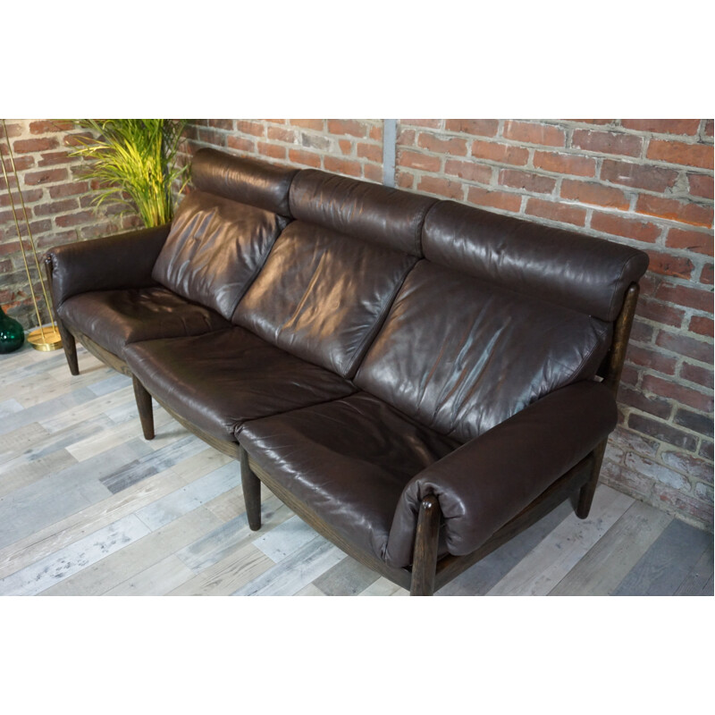 Vintage 3-seater sofa in wood and leather
