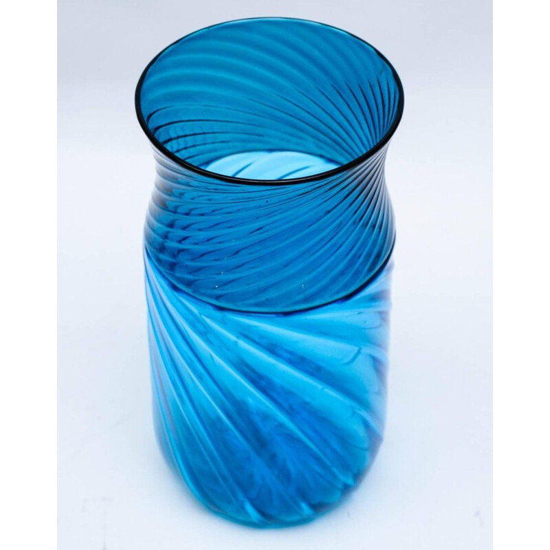 Vase vintage en verre de Murano bleu signé 1970