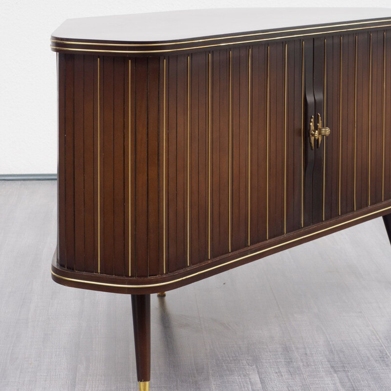 Vintage corner chest of drawers in dark brown wood 1950