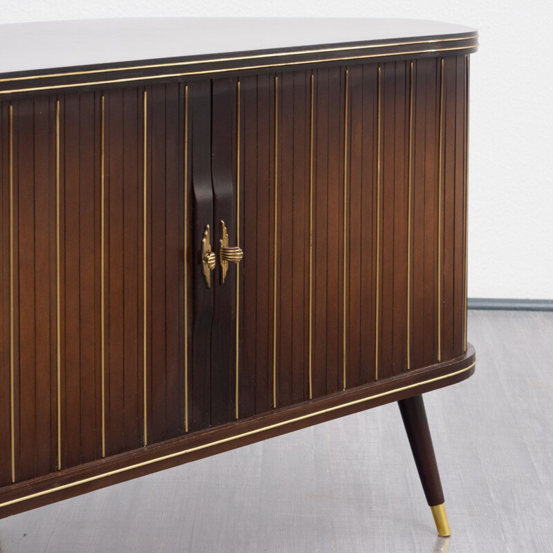 Vintage corner chest of drawers in dark brown wood 1950