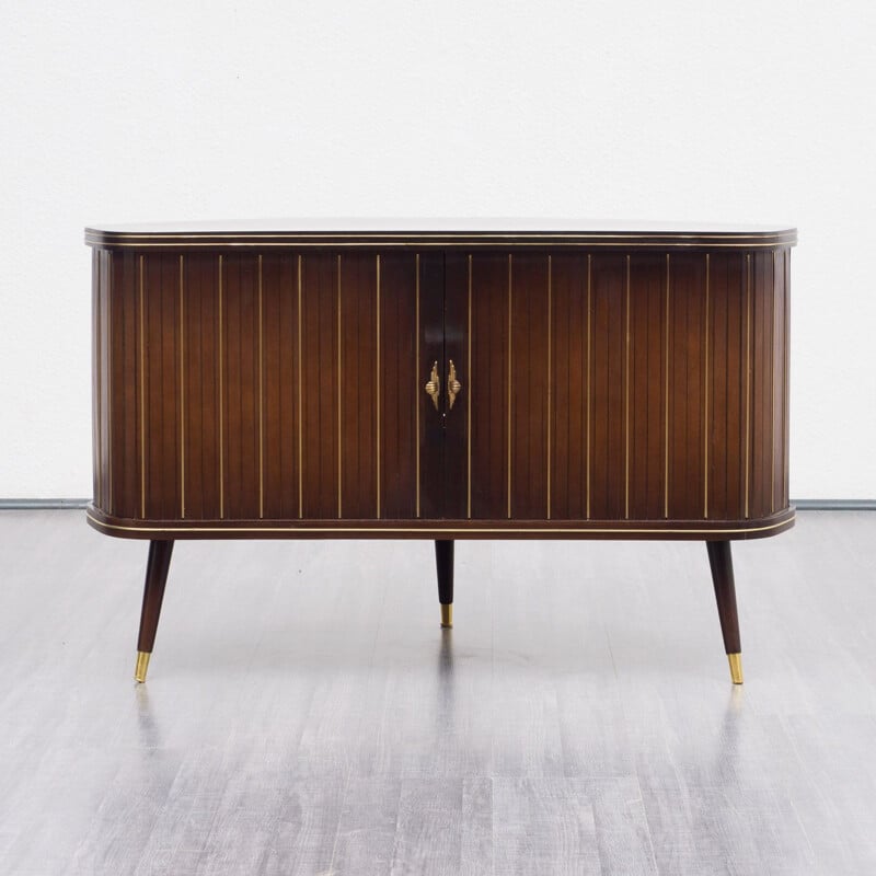 Vintage corner chest of drawers in dark brown wood 1950