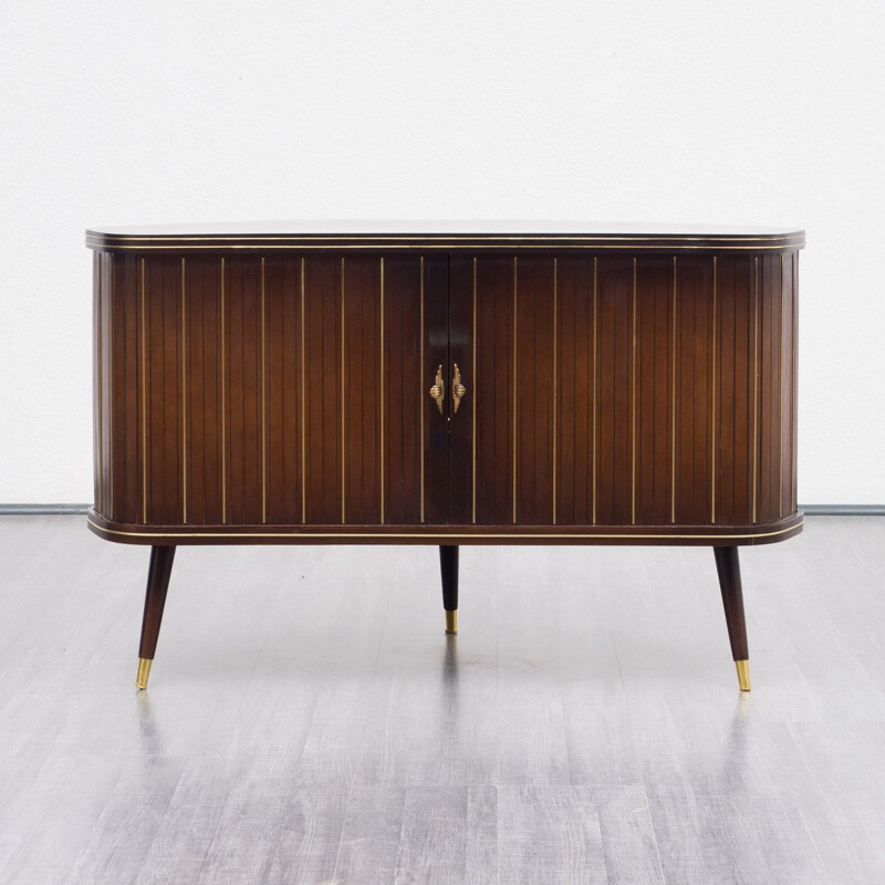 Vintage corner chest of drawers in dark brown wood 1950