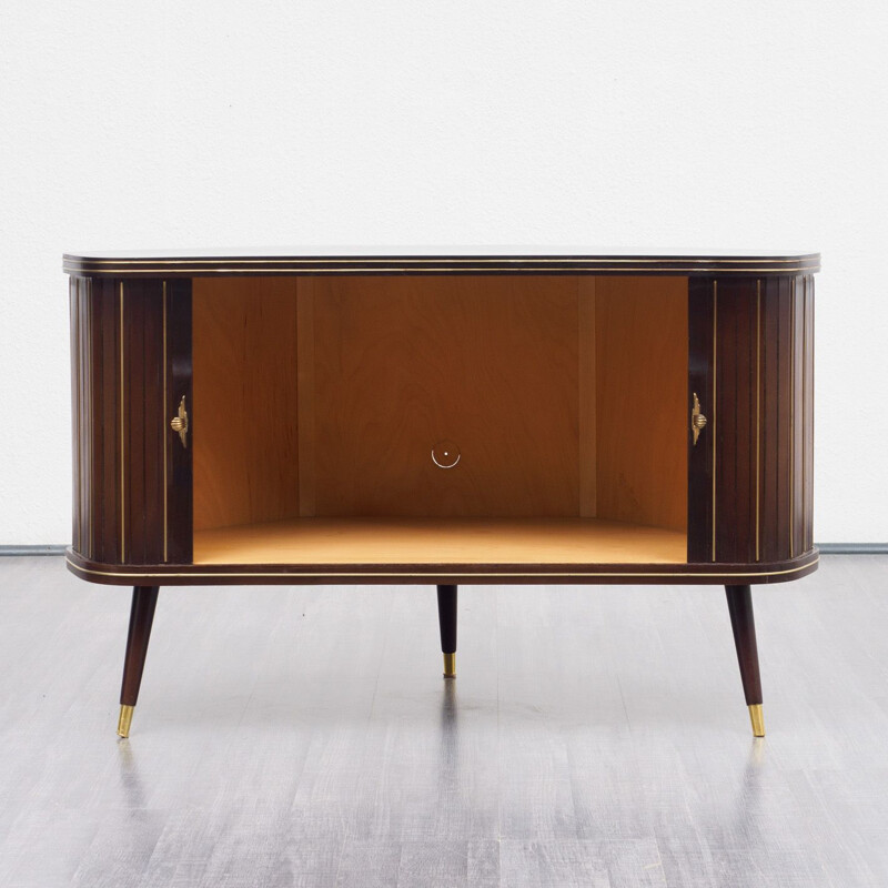 Vintage corner chest of drawers in dark brown wood 1950