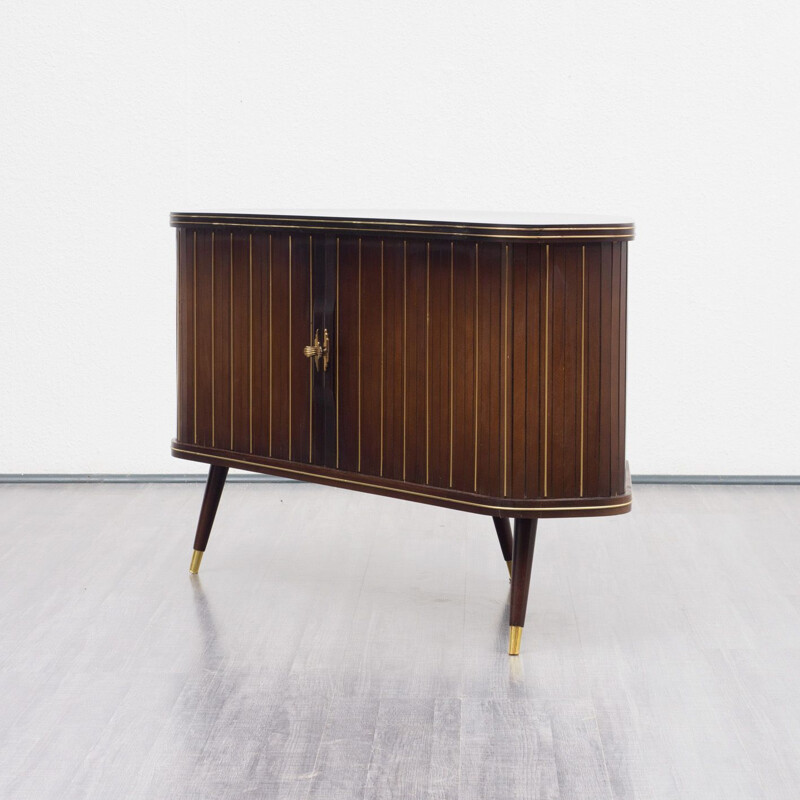 Vintage corner chest of drawers in dark brown wood 1950