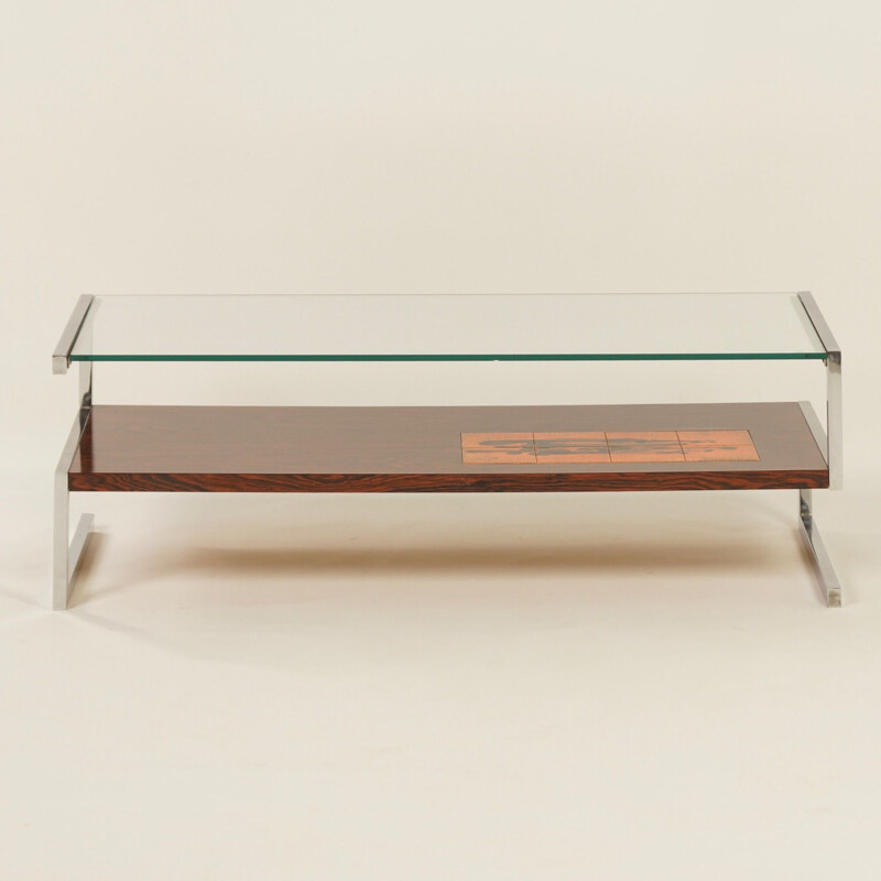 Table basse vintage avec des carreaux peints à la main par J. Belarti