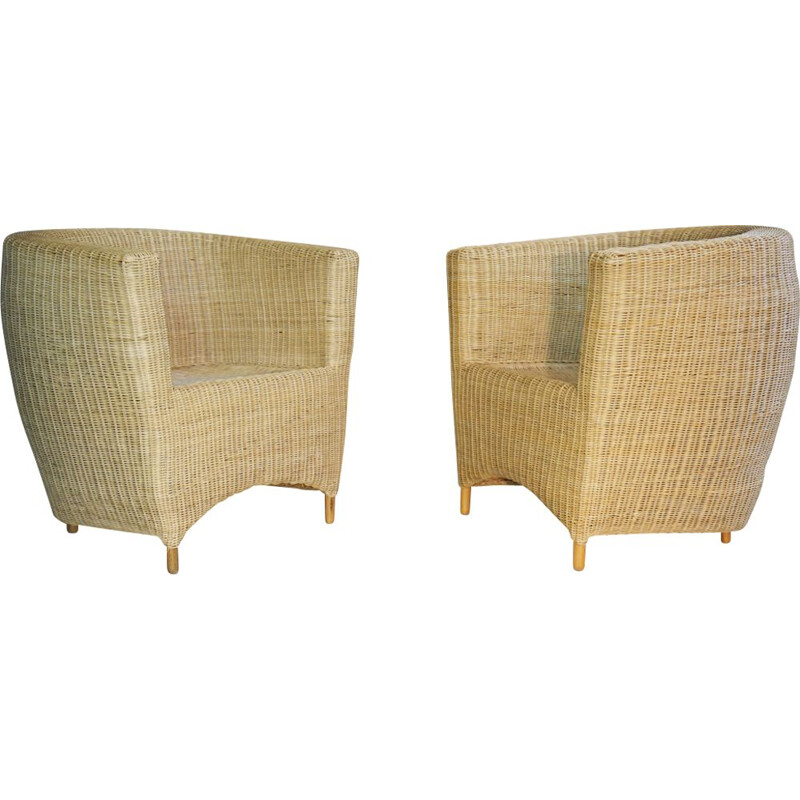 Set of 2 vintage club armchairs in rattan