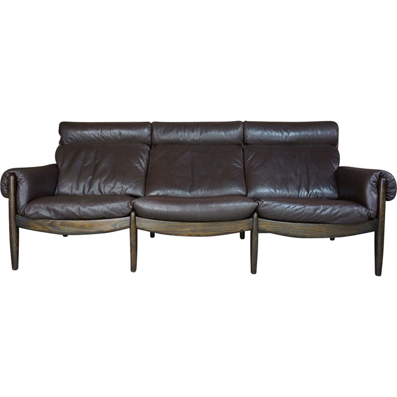 Vintage 3-seater sofa in wood and leather