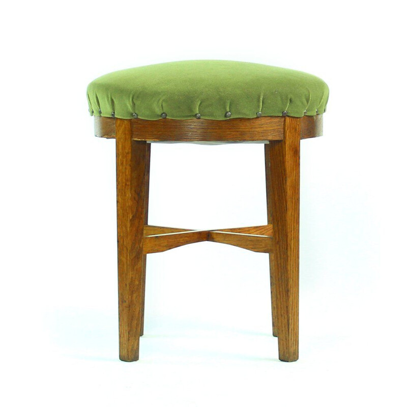 Vintage round stool in green fabric and oak