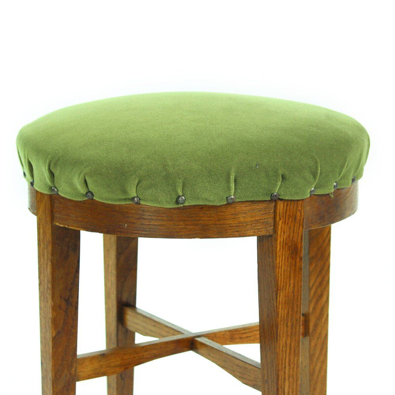 Vintage round stool in green fabric and oak