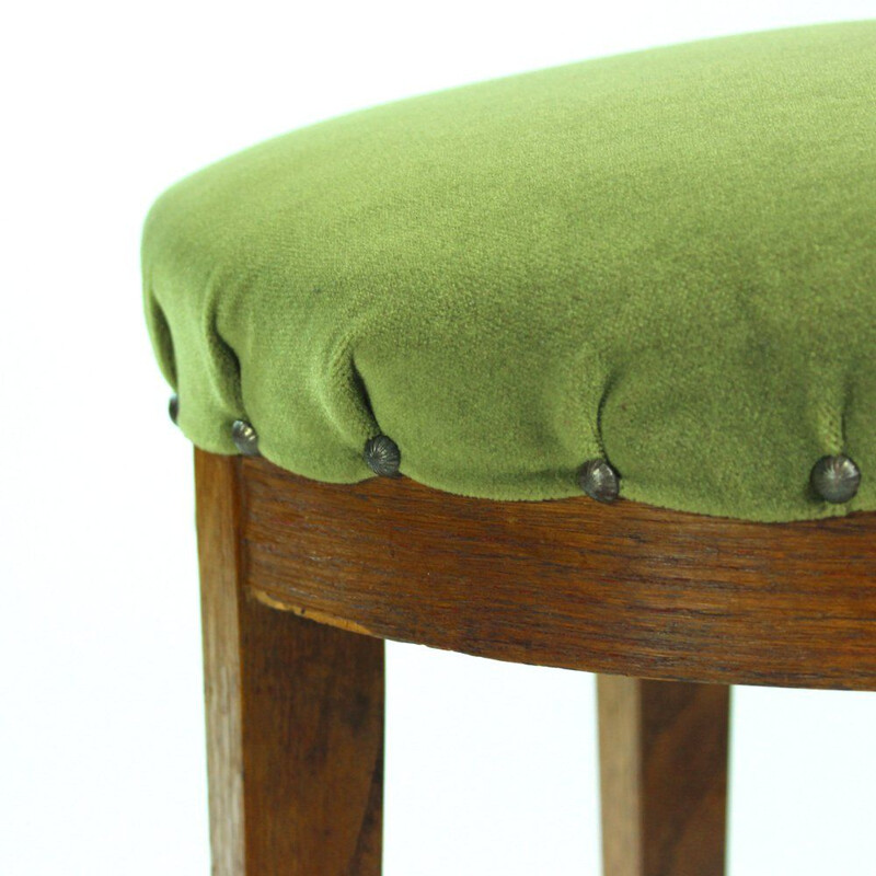 Vintage round stool in green fabric and oak