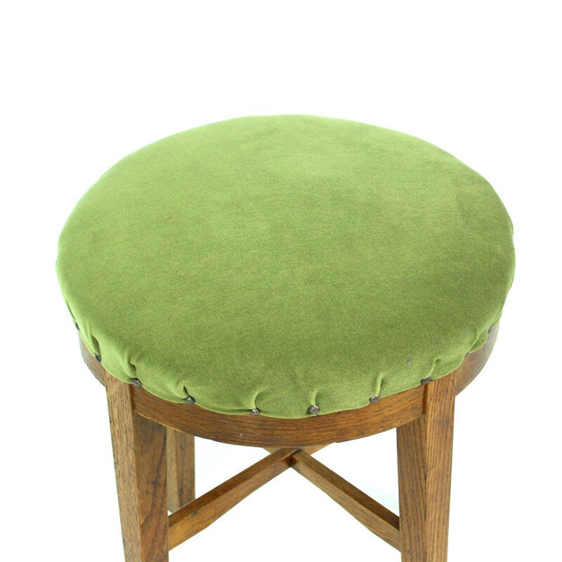 Vintage round stool in green fabric and oak