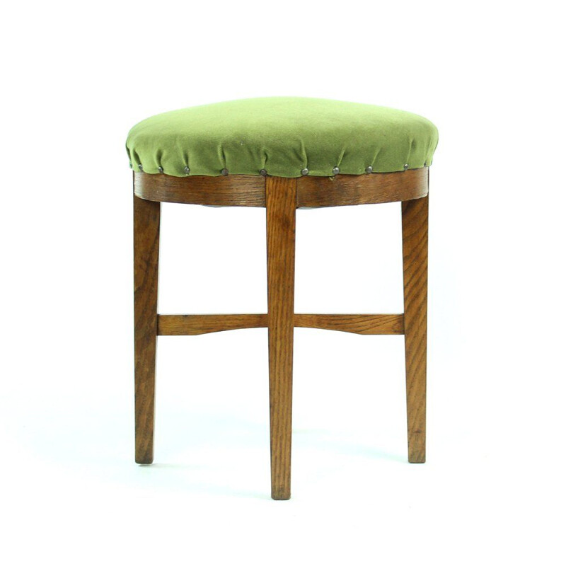 Vintage round stool in green fabric and oak