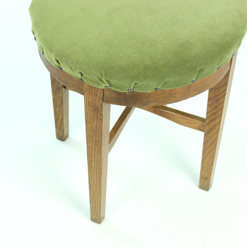 Vintage round stool in green fabric and oak