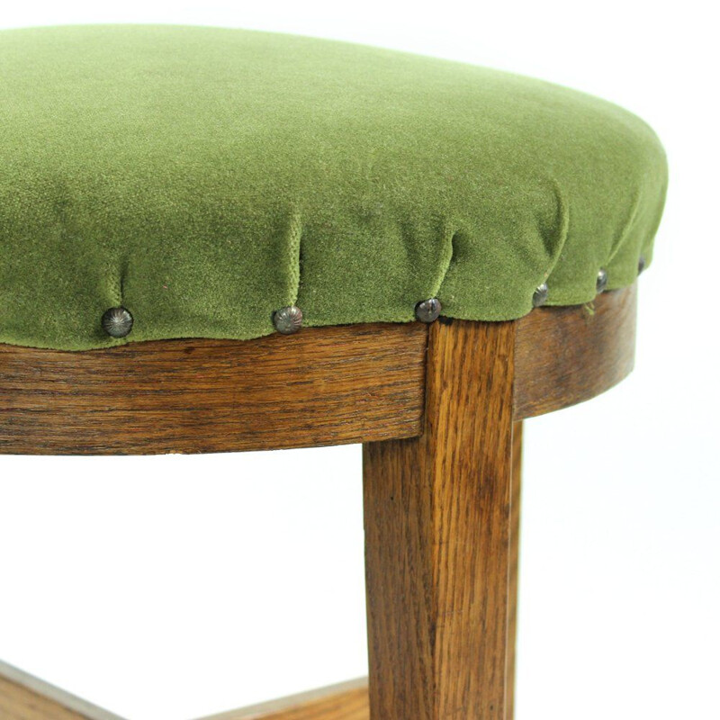 Vintage round stool in green fabric and oak