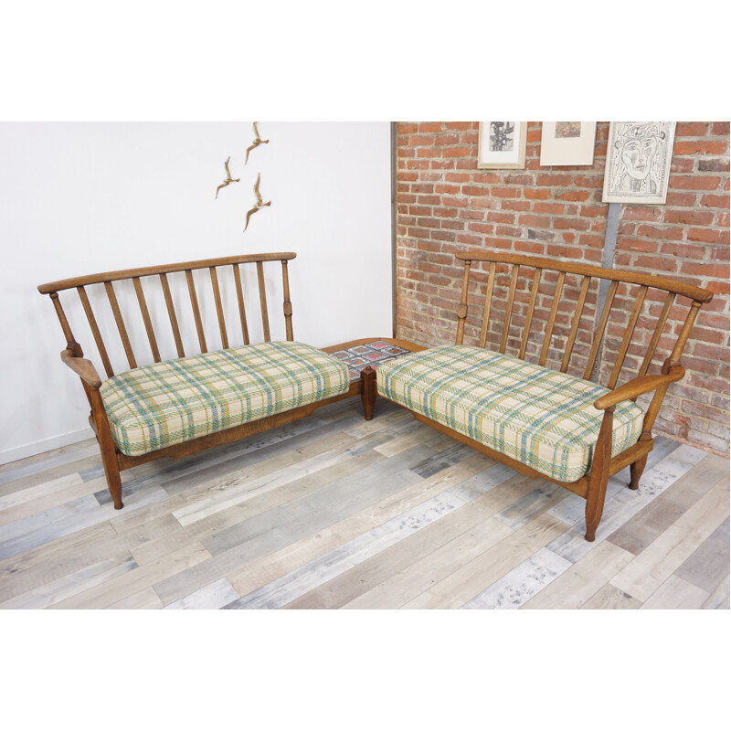 Vintage oak corner sofa by Guillerme and Chambron 1950s