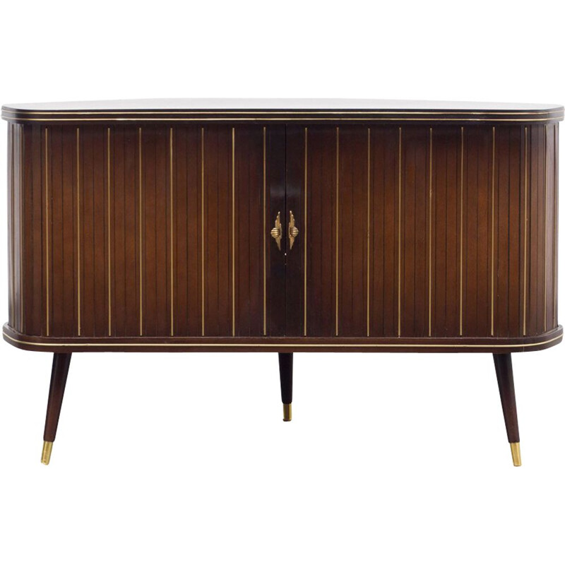 Vintage corner chest of drawers in dark brown wood 1950