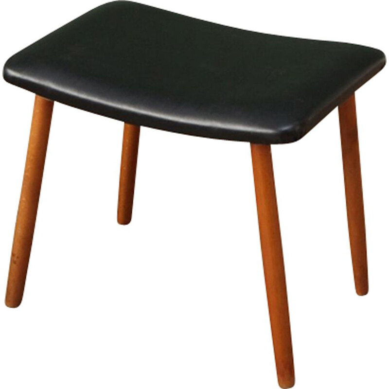 Tabouret vintage en hêtre et skai noir