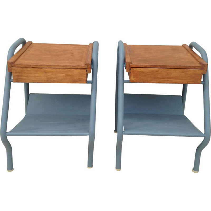 Set of 2 vintage nightstands in metal and wood