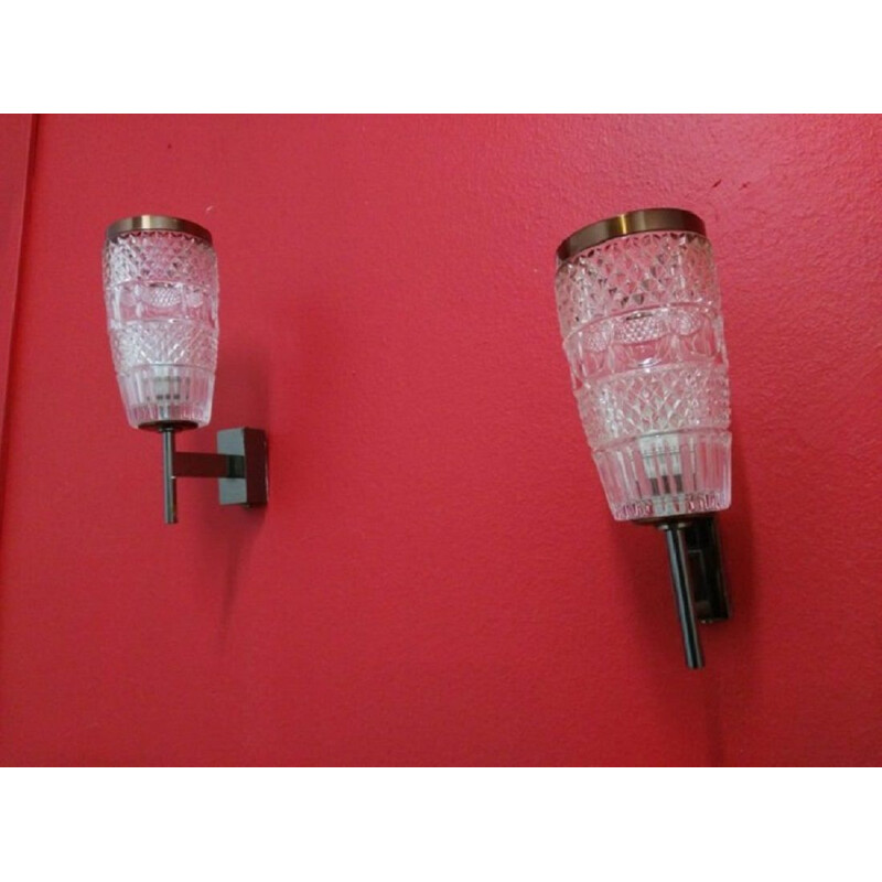Pair of vintage glass and steel wall lamps, Italy 1950