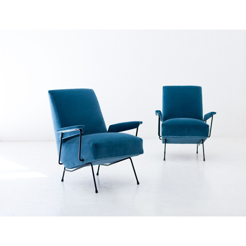 Pair of vintage Italian blue velvet armchairs 1950