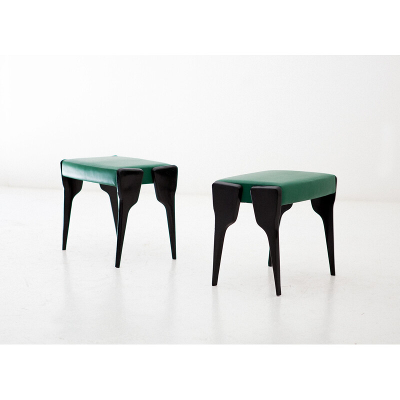 Set of 2 vintage Italian stools in mahogany and leather 1950
