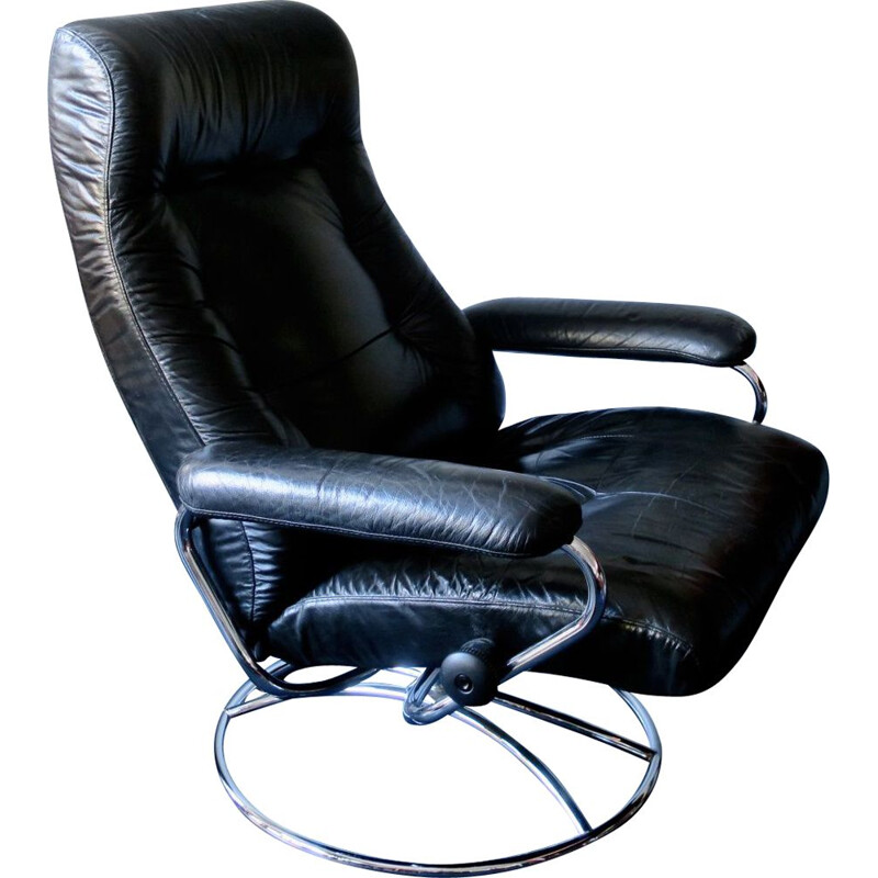 Vintage swivel recliner lounge chair in black leather