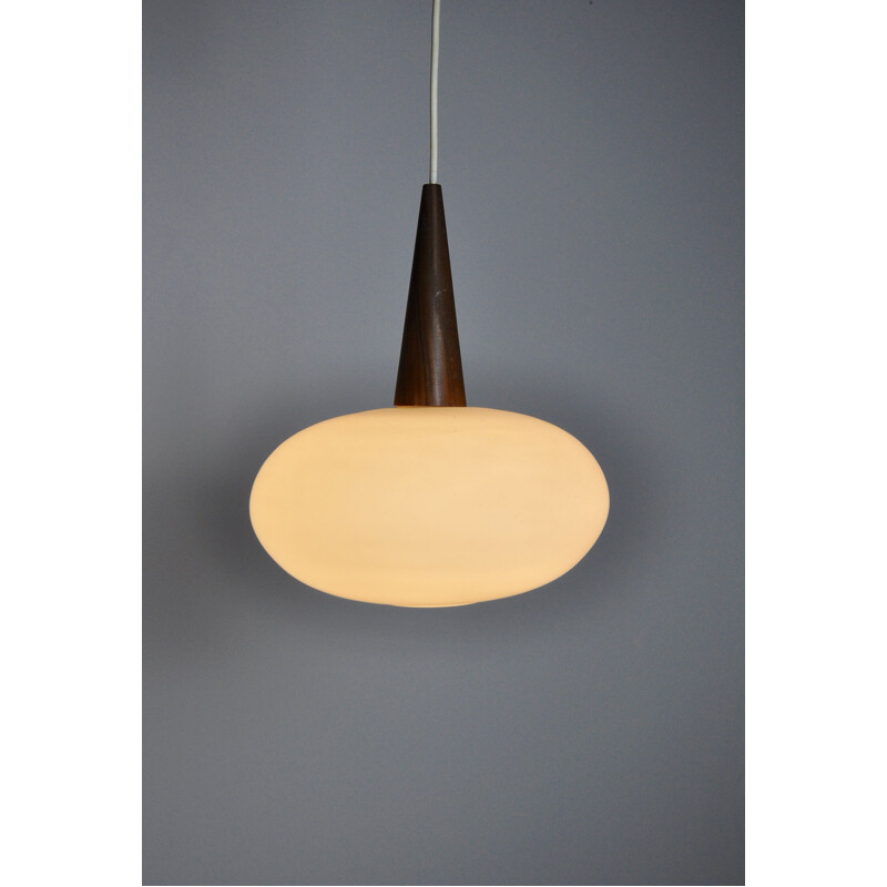 Vintage pendant lamp in opaline glass and teak by Louis Kalff for Philips