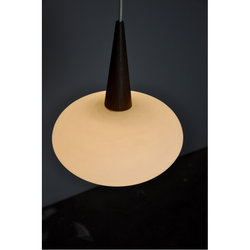 Vintage pendant lamp in opaline glass and teak by Louis Kalff for Philips