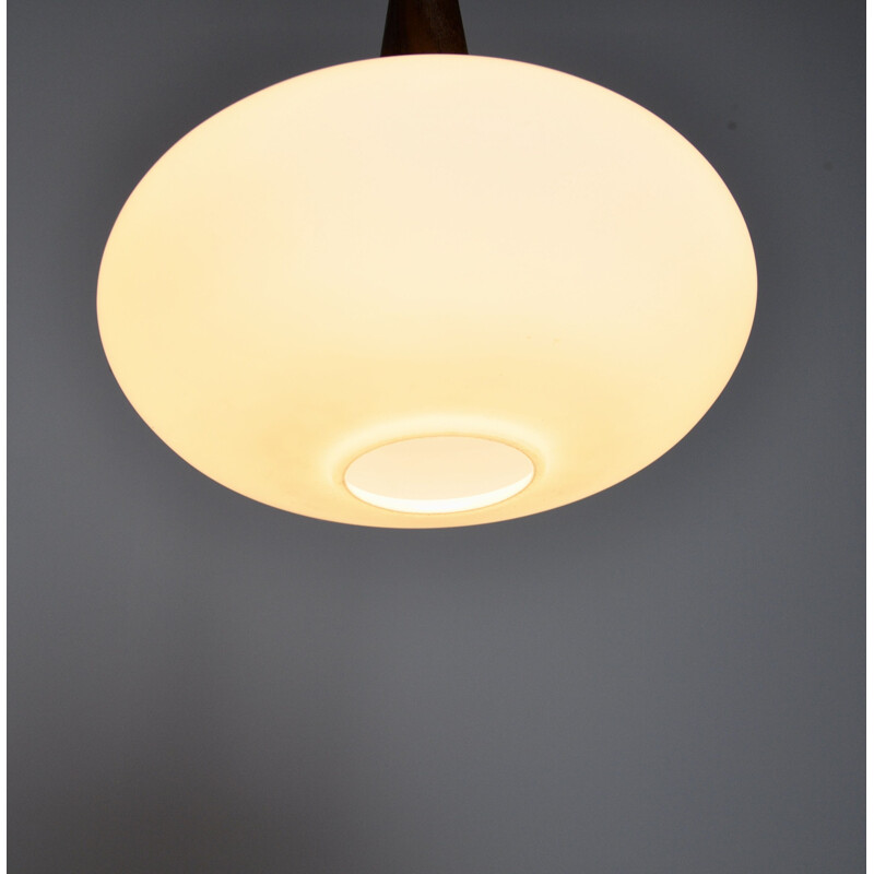 Vintage pendant lamp in opaline glass and teak by Louis Kalff for Philips