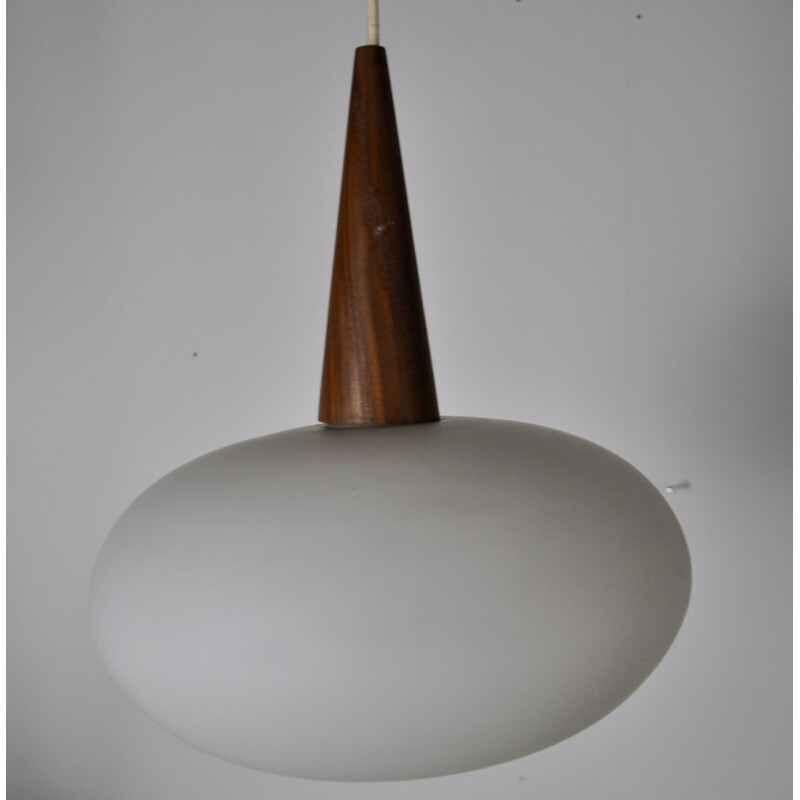 Vintage pendant lamp in opaline glass and teak by Louis Kalff for Philips