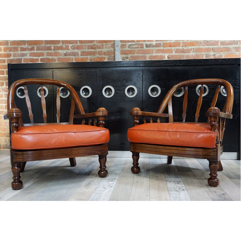 Set of 2 vintage Belgian armchairs in wood and leather