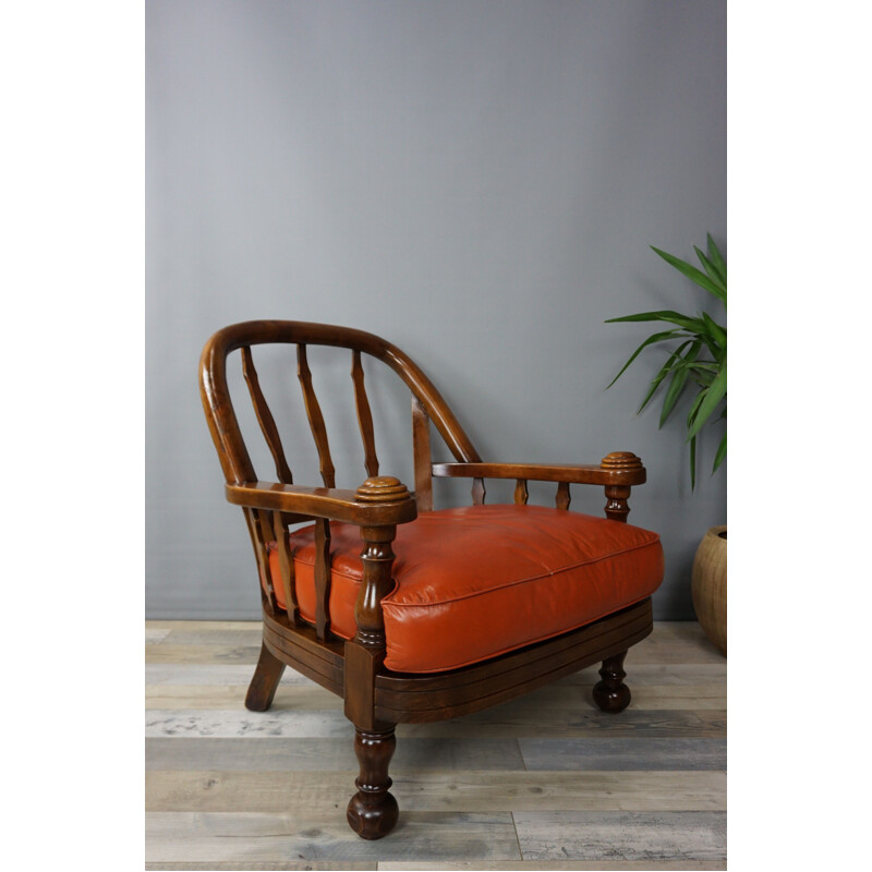 Set of 2 vintage Belgian armchairs in wood and leather