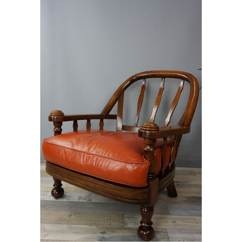 Suite de 2 fauteuils vintage belges en bois et cuir