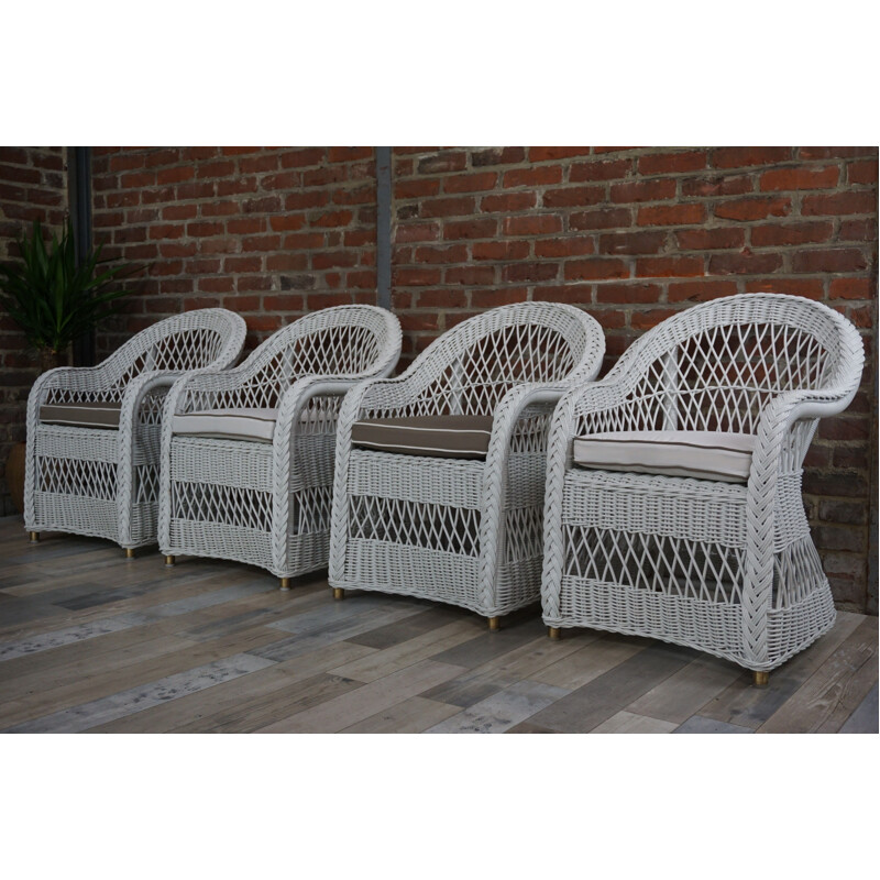 Suite de 4 fauteuils vintage en osier lloyd blanc