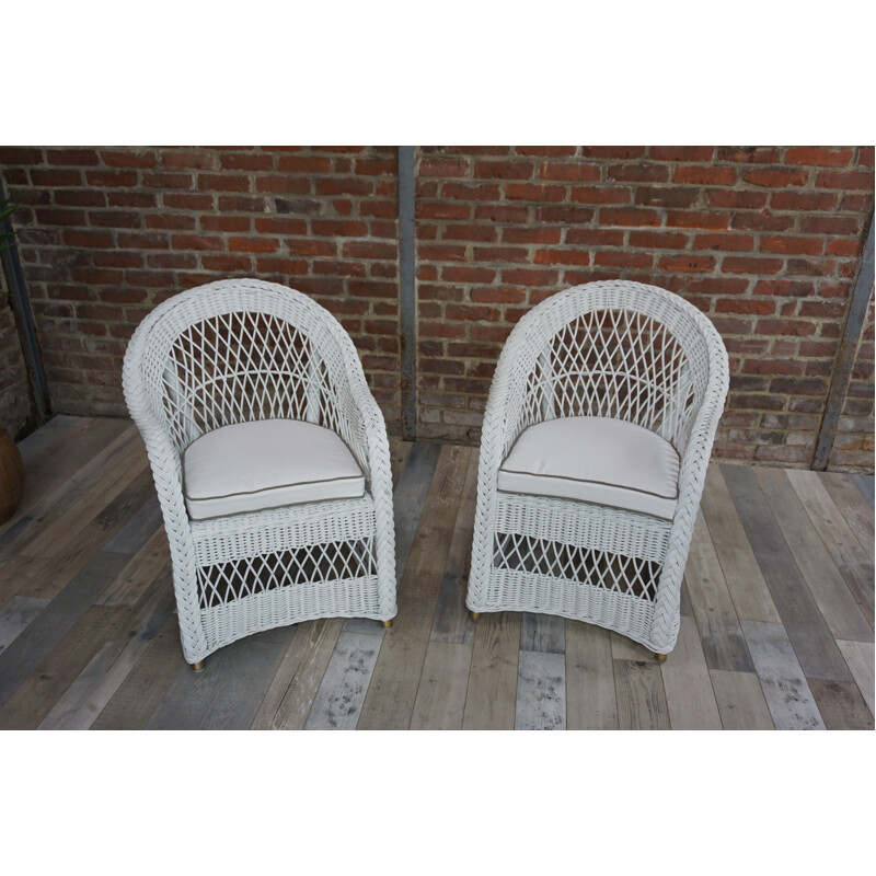 Suite de 4 fauteuils vintage en osier lloyd blanc