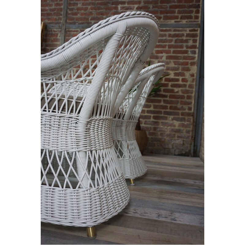 Suite de 4 fauteuils vintage en osier lloyd blanc