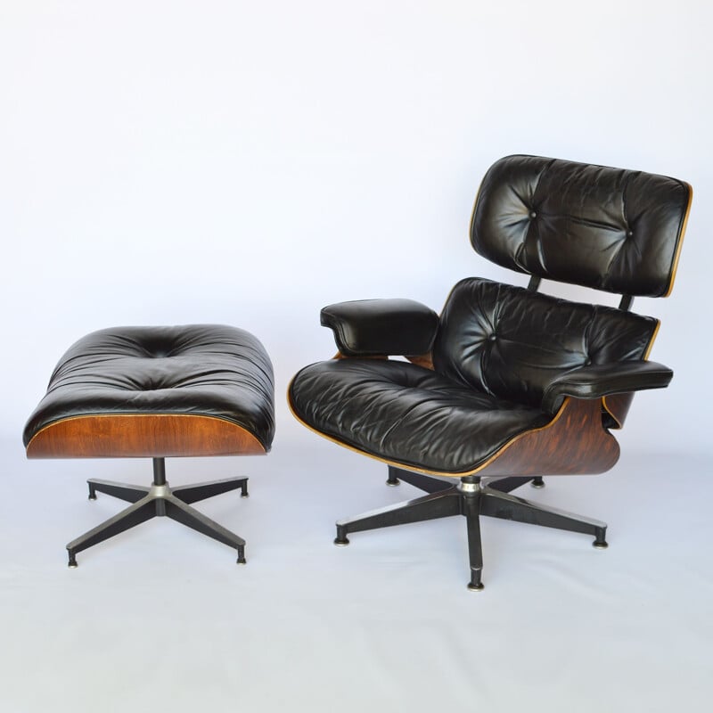 Fauteuil lounge et ottoman noir en palissandre, Eames pour Herman Miller 1979