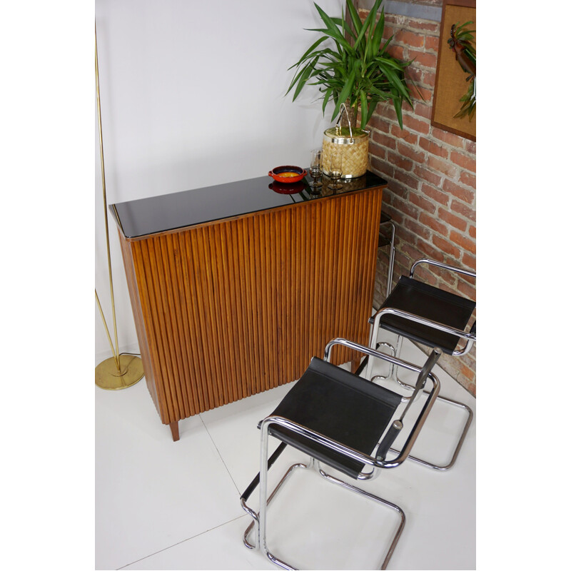 Vintage bar in wood and leather with inside mirrors