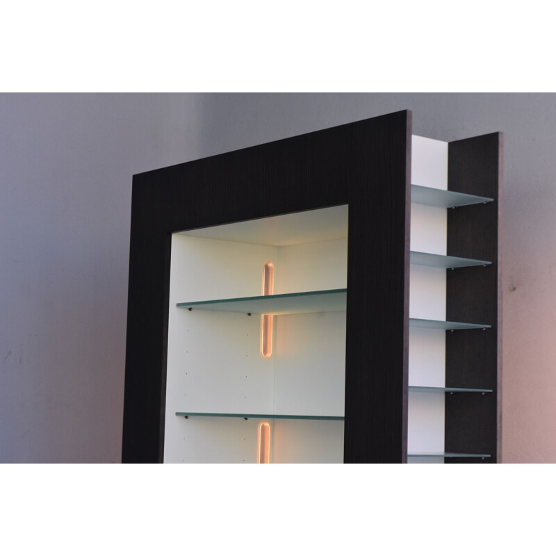 Vintage electrified display case in black lacquered wood for Acerbis