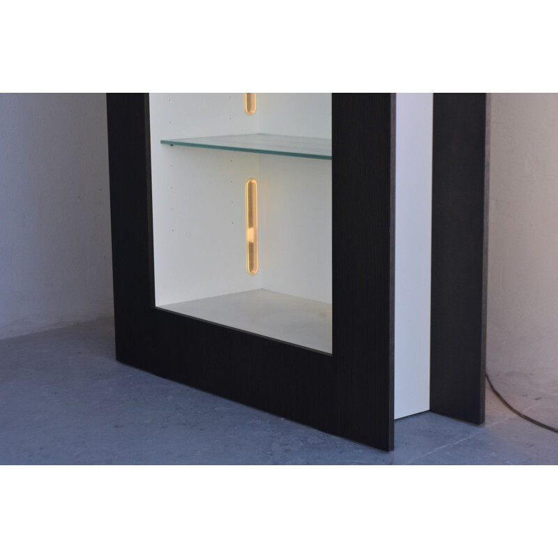 Vintage electrified display case in black lacquered wood for Acerbis